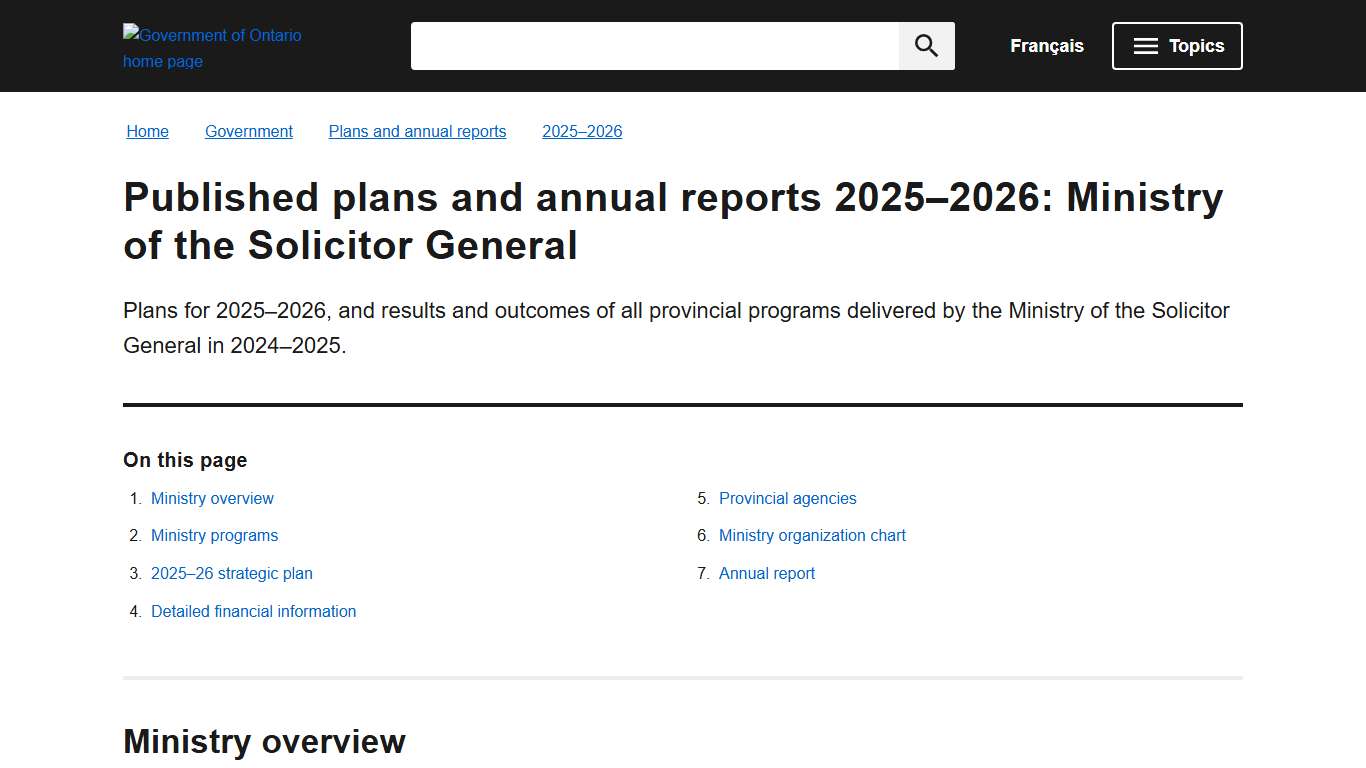 Published plans and annual reports 2025–2026: Ministry of the Solicitor General | ontario.ca